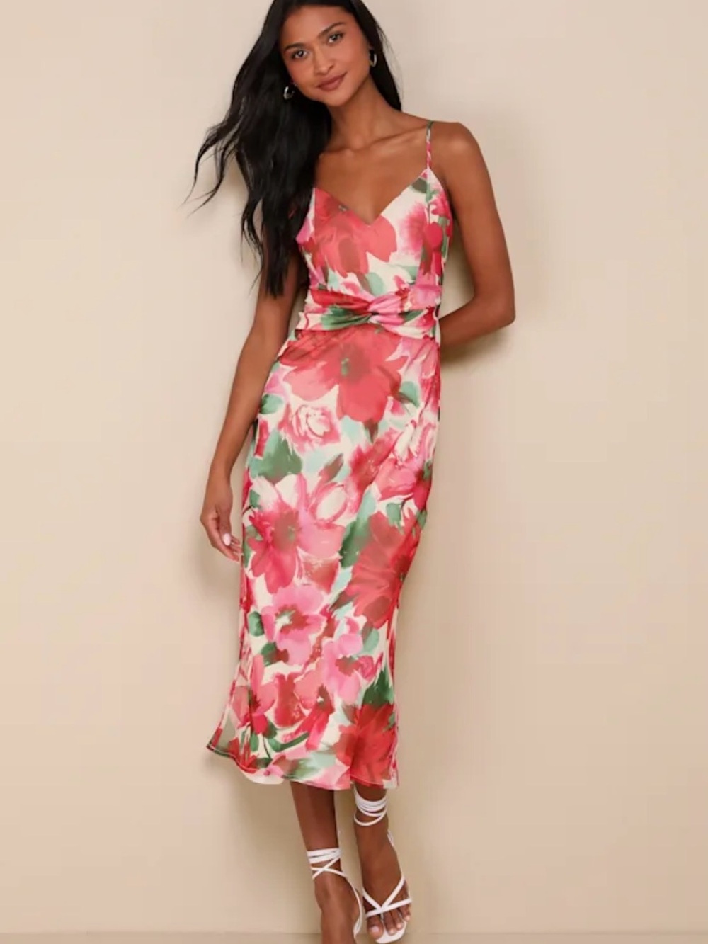 Lulus Beautiful Entrance Fuchsia Multi Floral Twist-Front Midi Dress medium NWT